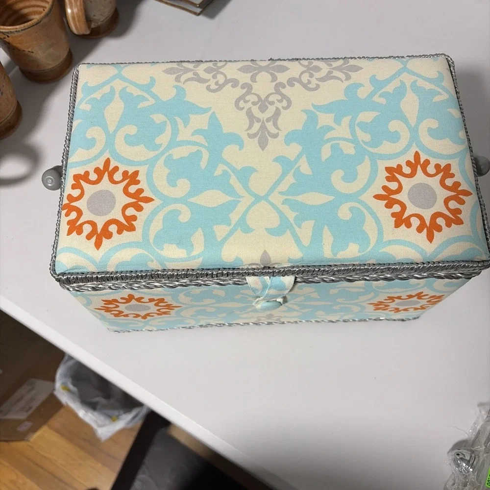 Unbranded Fabric Covered Sewing Box Blue Orange Damask Organizer with Tray